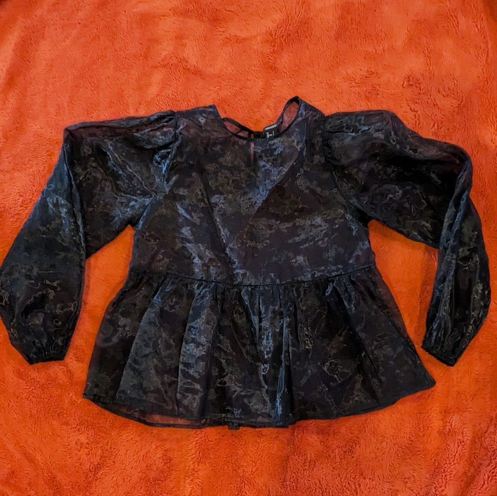 Black nylon lace shirt with puffy shoulders